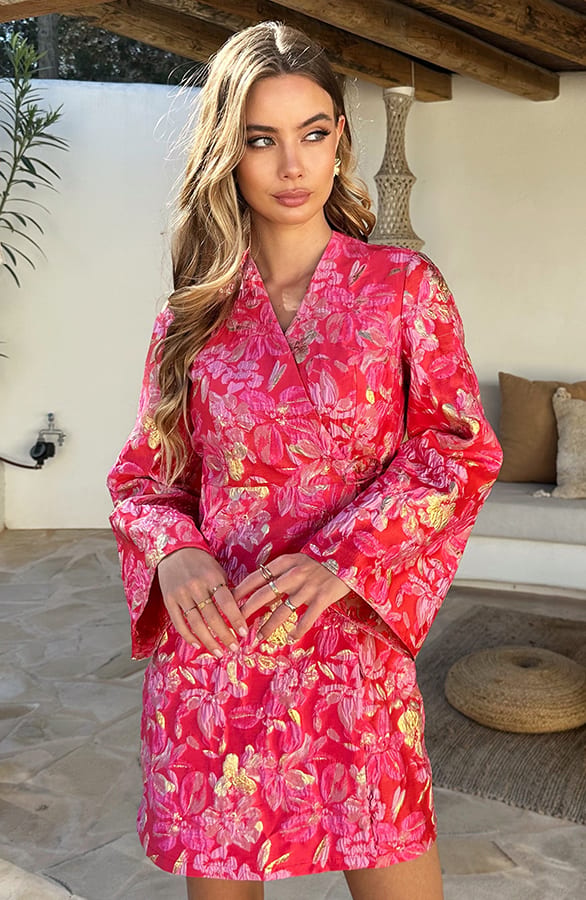 Wijde Mouw Jacquard Jurk Merel Rood – alle jurkjes — foto 6