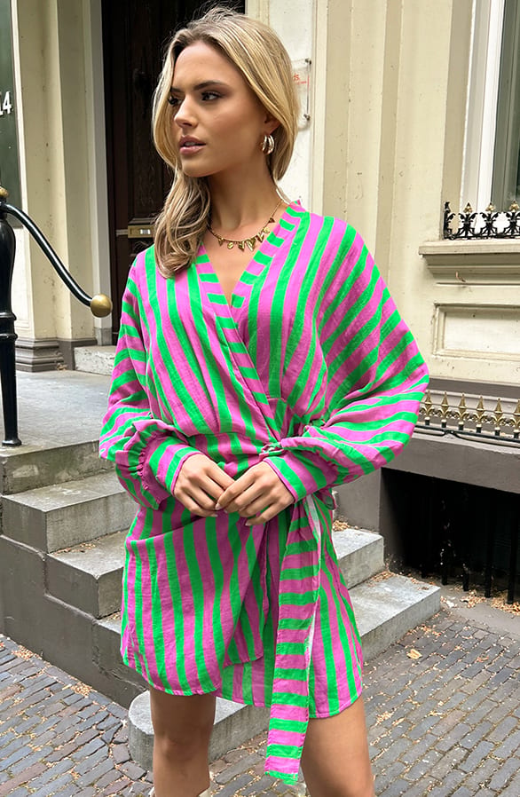 Katoenen Strik Jurk Strepen Yuna Bright Green – alle jurkjes — foto 5