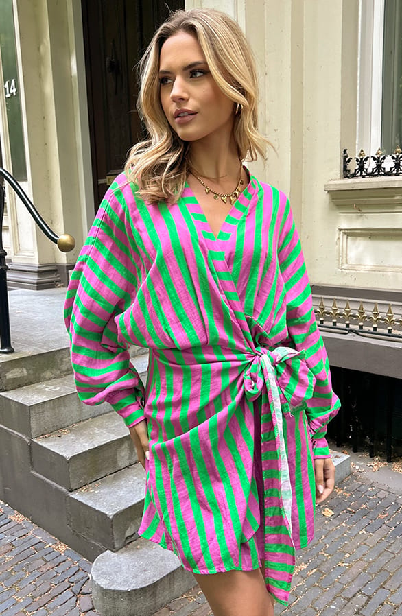 Katoenen Strik Jurk Strepen Yuna Bright Green – alle jurkjes — foto 7