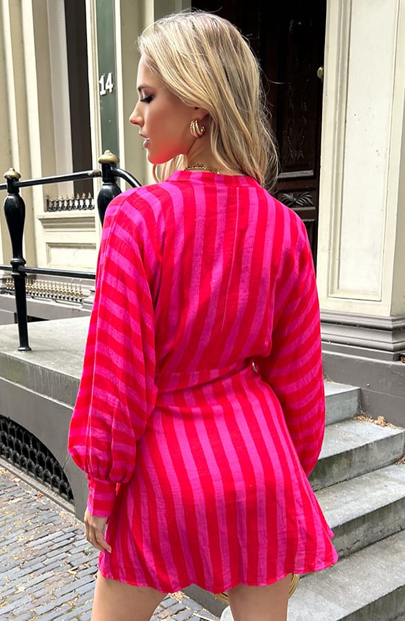 Katoenen Strik Jurk Strepen Yuna Fuchsia – alle jurkjes — foto 4