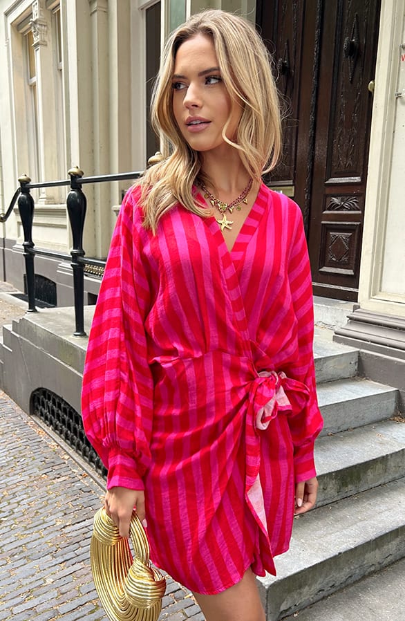 Katoenen Strik Jurk Strepen Yuna Fuchsia – alle jurkjes — foto 3