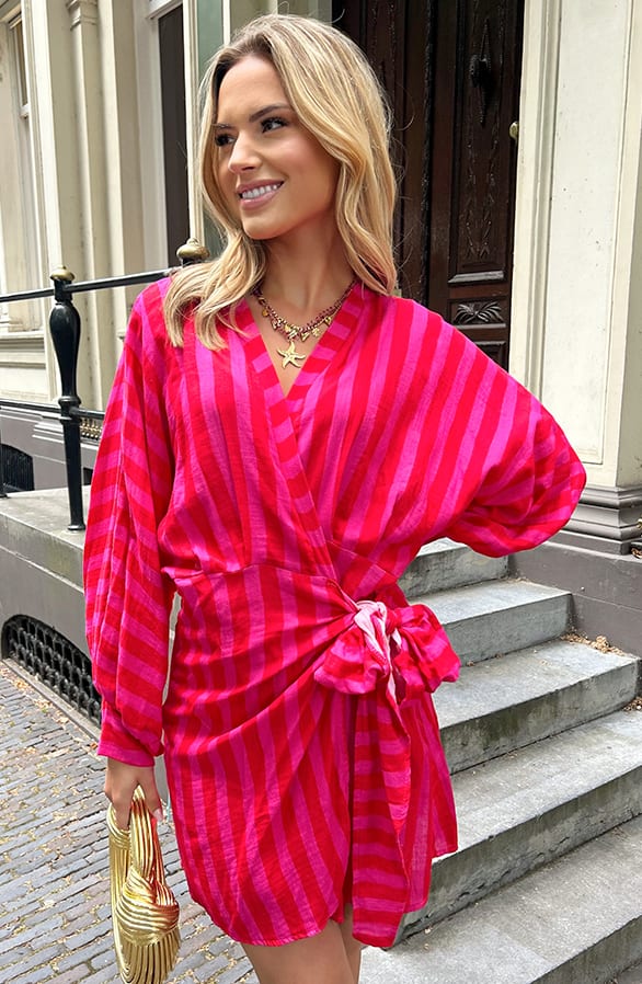 Katoenen Strik Jurk Strepen Yuna Fuchsia – alle jurkjes