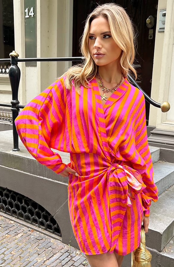 Katoenen Strik Jurk Strepen Yuna Oranje – koningsdag kleding — foto 5