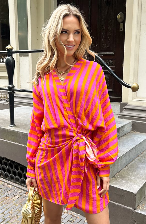 Katoenen Strik Jurk Strepen Yuna Oranje
