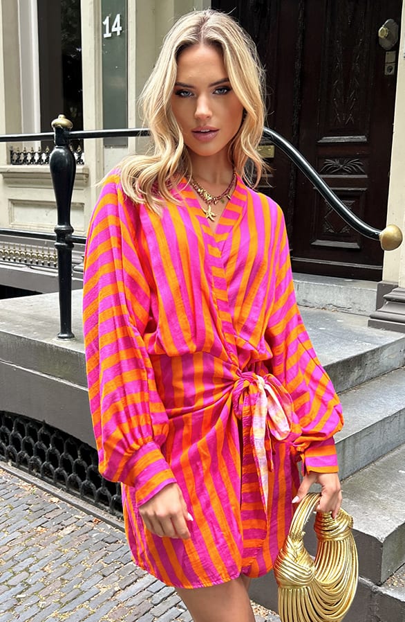 Katoenen Strik Jurk Strepen Yuna Oranje – koningsdag kleding — foto 3