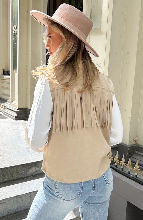 Suede Boho Franje Gilet Beige – gilets — foto 3