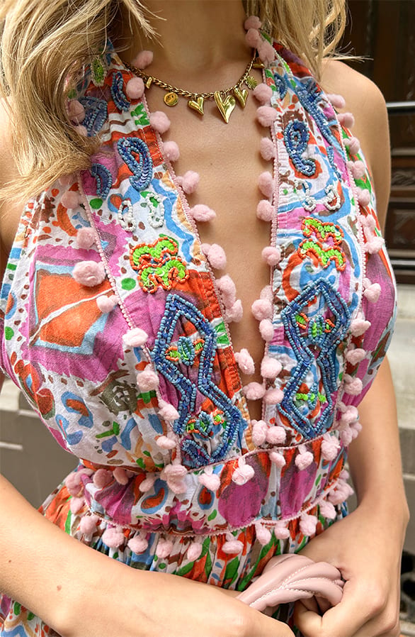 Ibiza Pompon V-Hals Jurk Multicolor Roze – shoparchief — foto 7