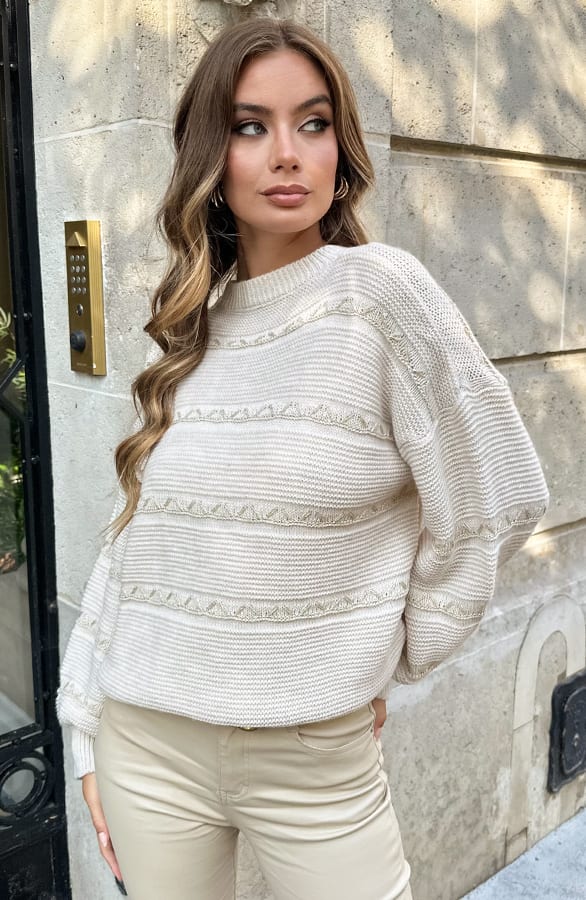 Boho Lurex Trui Cotton Beige