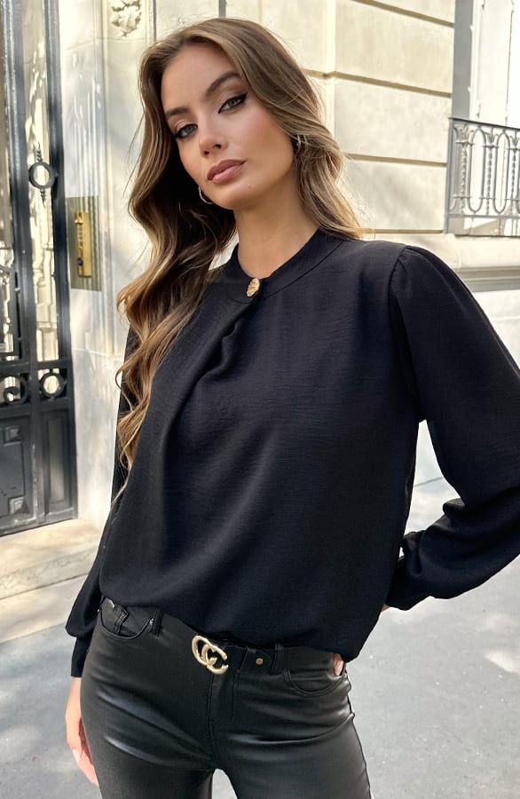 Detailed Button Blouse Zwart – shoparchief — foto 3
