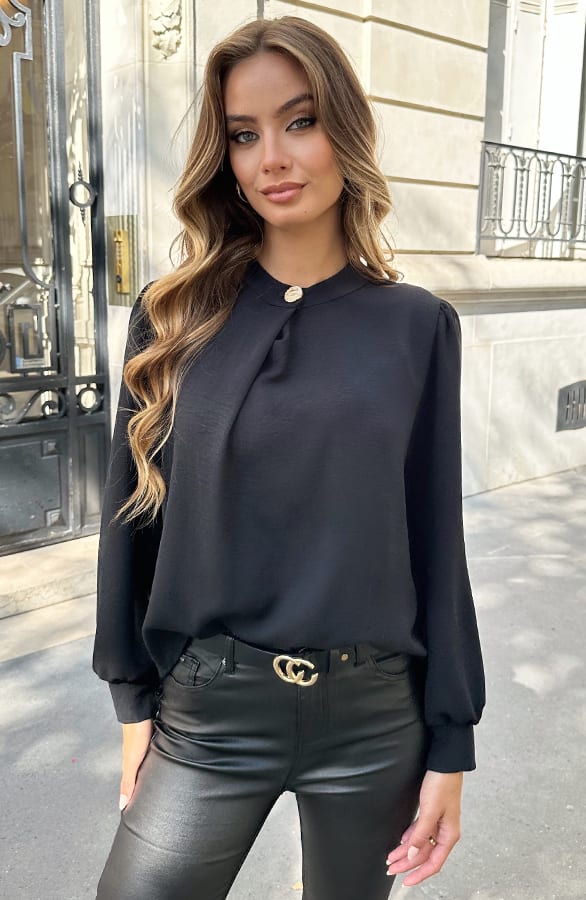 Detailed Button Blouse Zwart – shoparchief