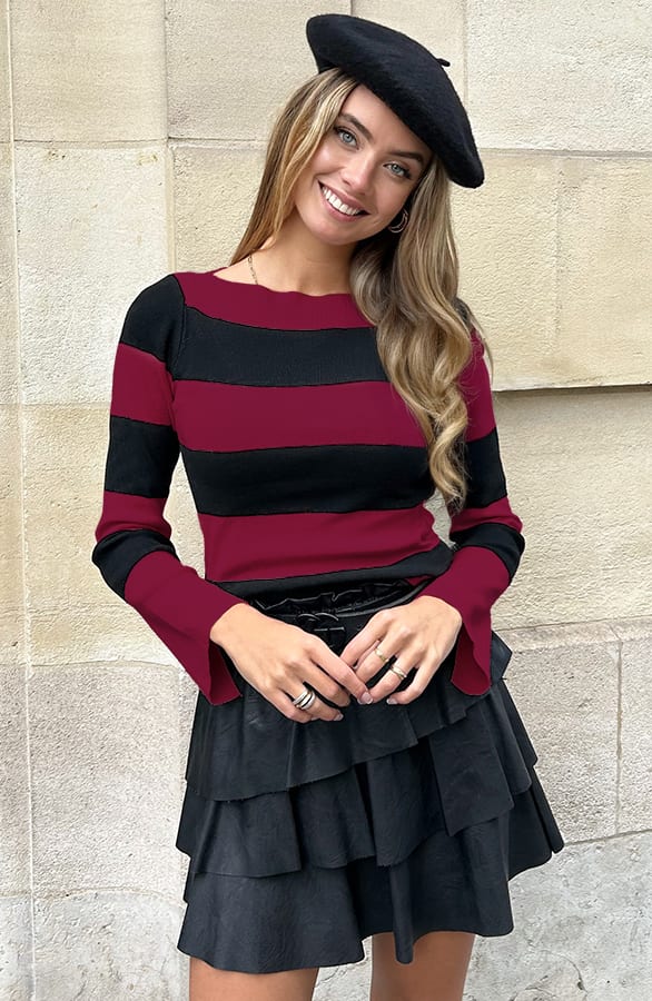 Flared Mouwen Gestreepte Top Blaire Burgundy