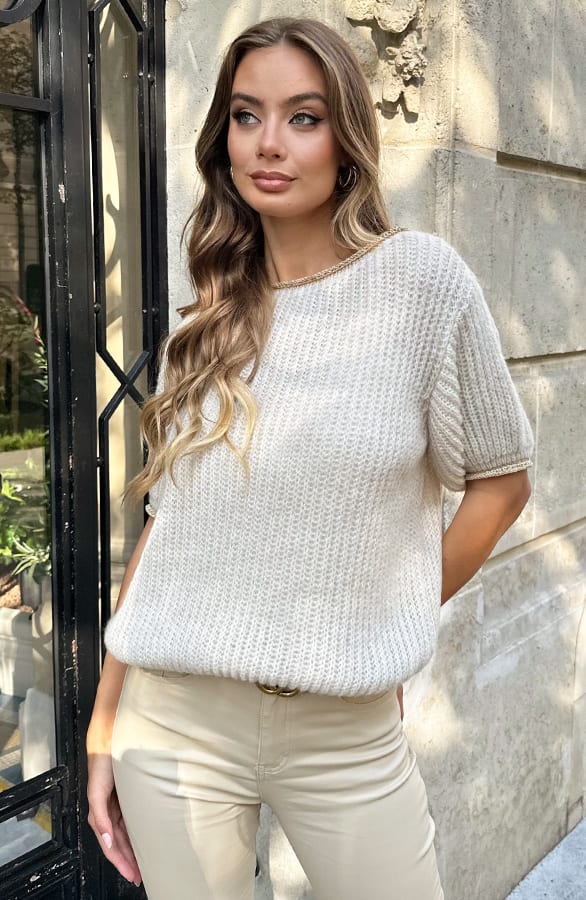Knitted Lurex Short Sleeve Trui Indy Beige – truien — foto 9