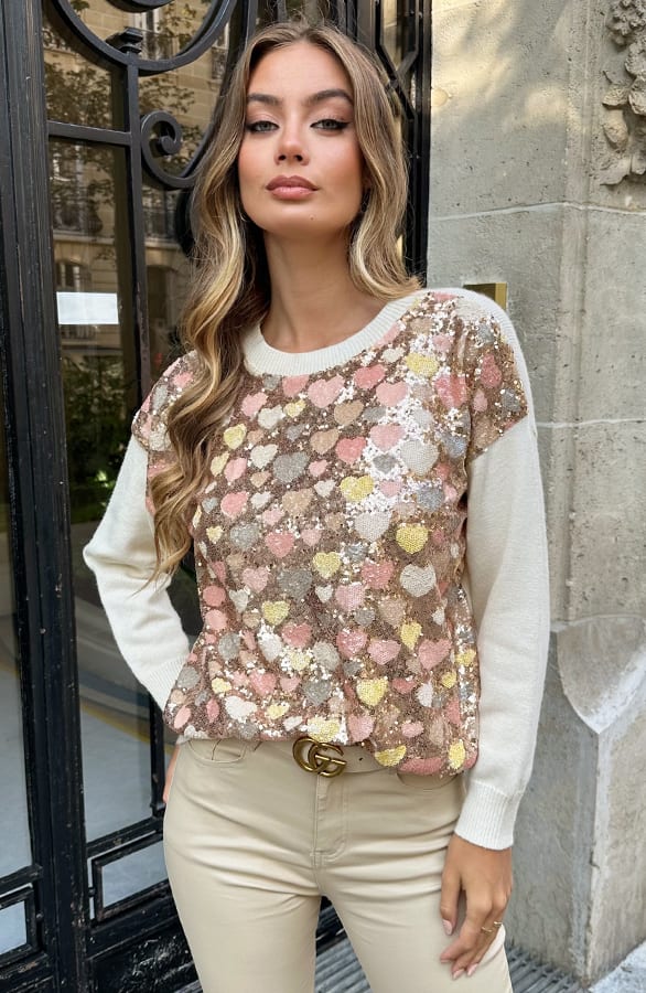 Pailletten Heart Sweater Xina Ecru – truien — foto 2