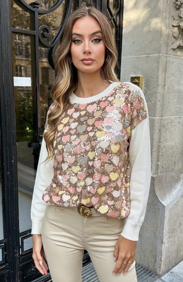 Pailletten Heart Sweater Xina Ecru