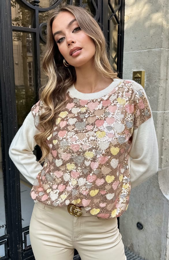 Pailletten Heart Sweater Xina Ecru – truien — foto 6