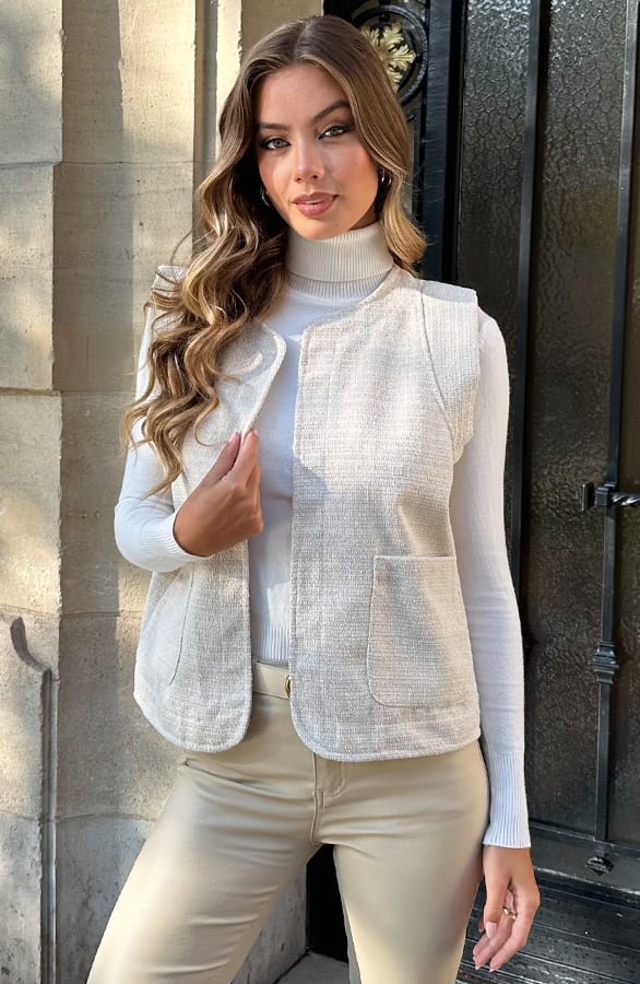 Textured Lurex Gilet Beige