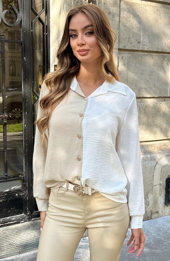 Colorblock Long Sleeve Blouse Beige Ecru – kleding — foto 3