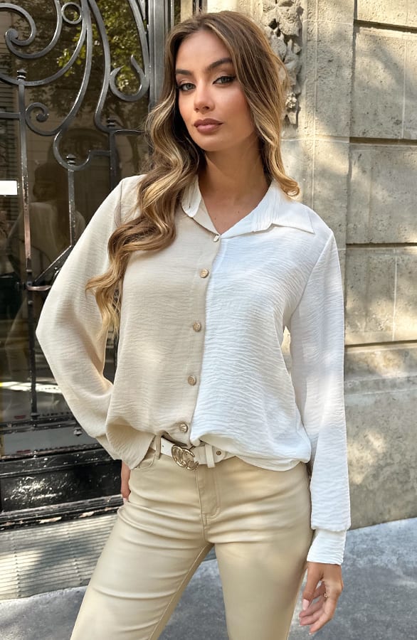 Colorblock Long Sleeve Blouse Beige Ecru – kleding — foto 5