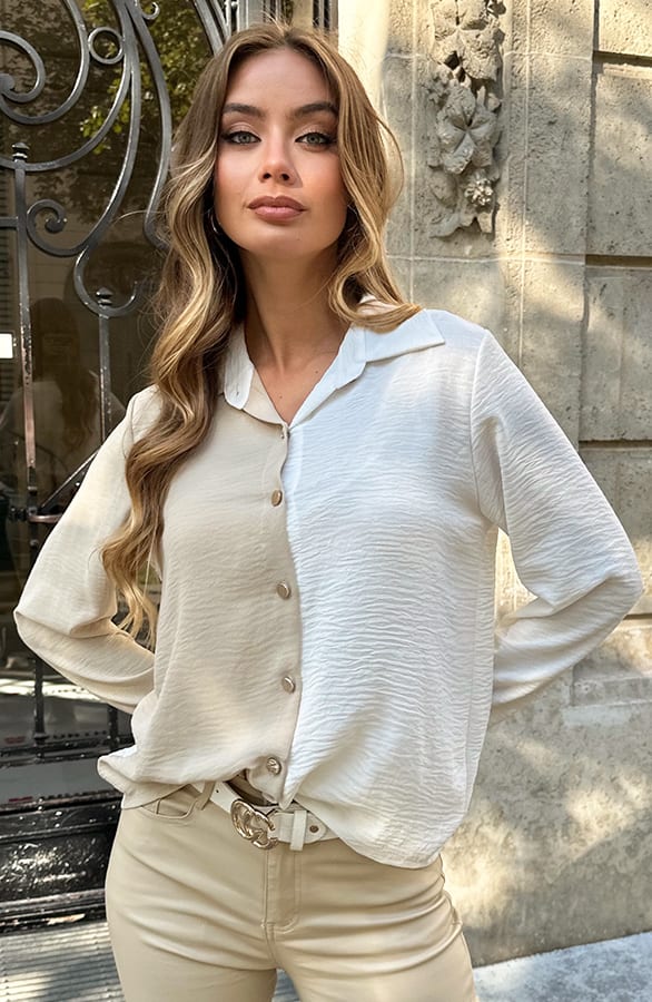 Colorblock Long Sleeve Blouse Beige Ecru – kleding — foto 8