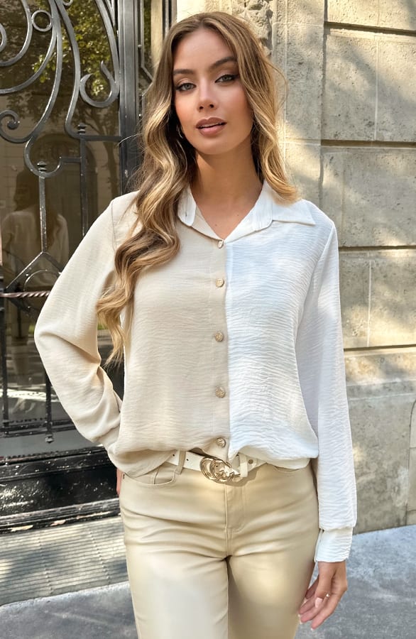 Colorblock Long Sleeve Blouse Beige Ecru – kleding — foto 9