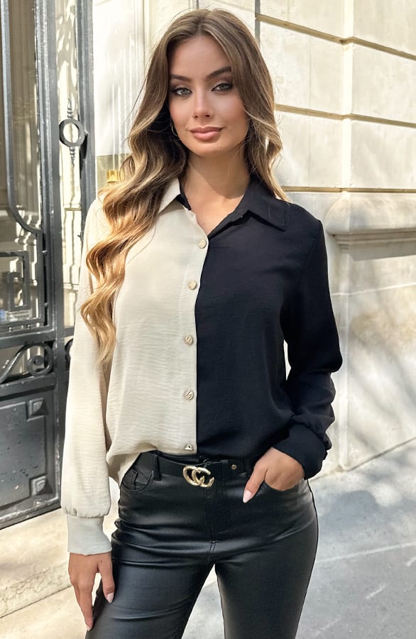 Colorblock Long Sleeve Blouse Beige Zwart