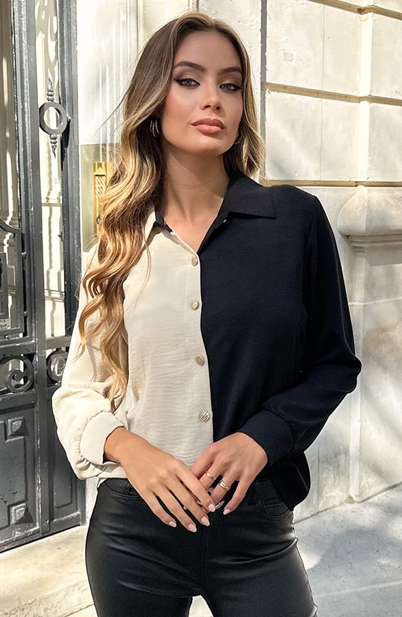 Colorblock Long Sleeve Blouse Beige Zwart – kleding — foto 6
