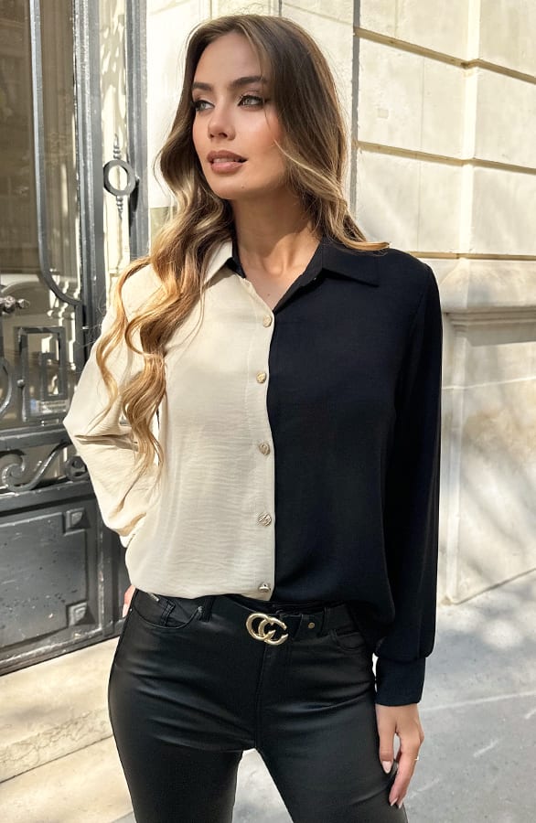 Colorblock Long Sleeve Blouse Beige Zwart – kleding — foto 3