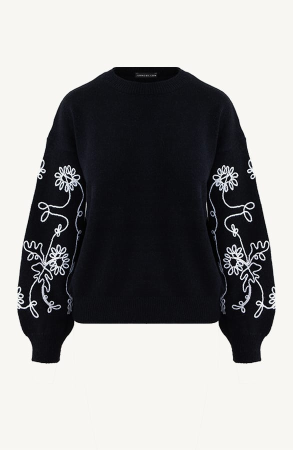Geborduurde Bloemen Mouwen Trui Zwart – shoparchief