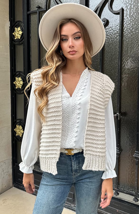 Grof Gebreid Gilet Kiek Beige – vesten — foto 3