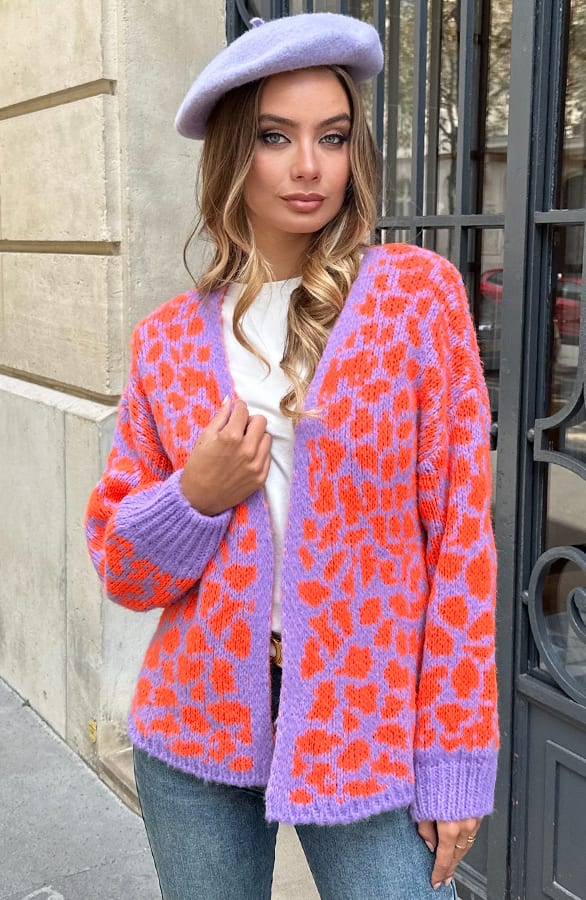 Leopard Print Cardigan Lila Oranje – shoparchief