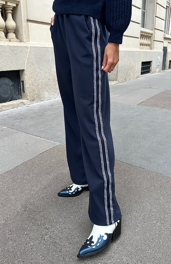 Stretch Straight Broek Met Bies Navy
