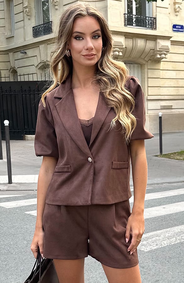 Suede Blazer Korte Mouw Hayley Choco