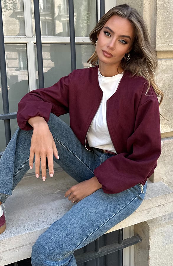 Suede Bomber Jacket Linsey Burgundy – jassen
