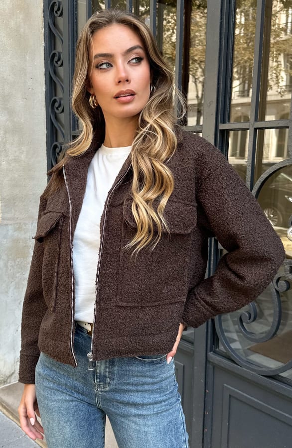 Teddy Bomber Jacket Met Rits Eden Choco