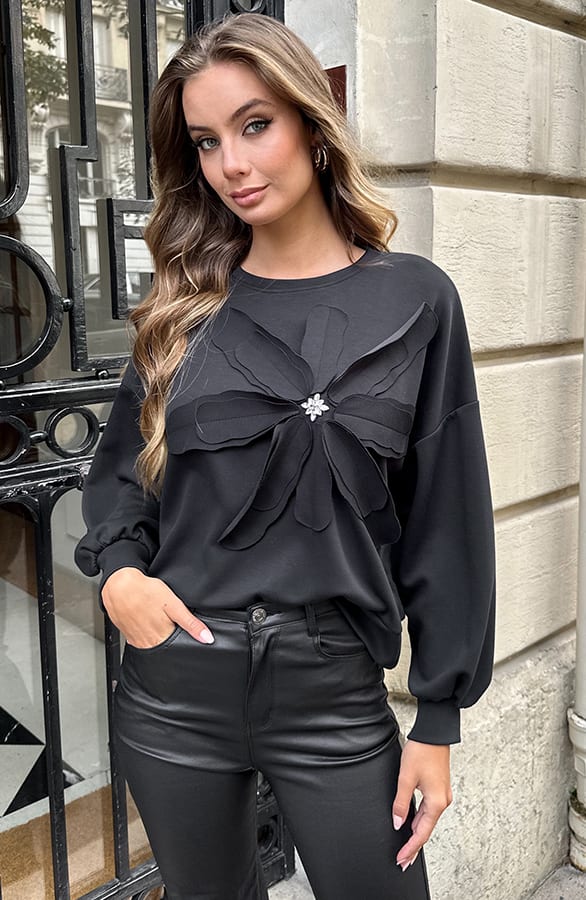 Stretch Flower Sweater Zwart