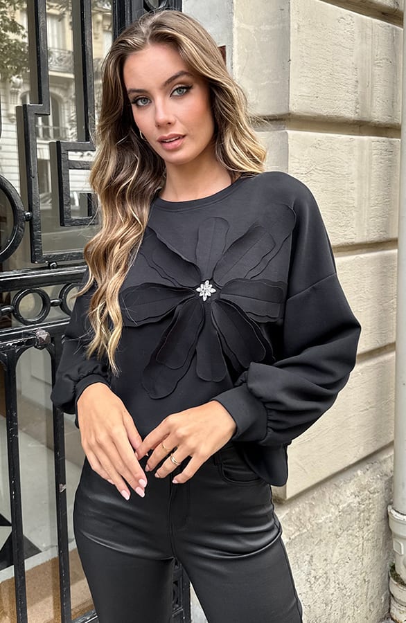 Stretch Flower Sweater Zwart – truien — foto 5
