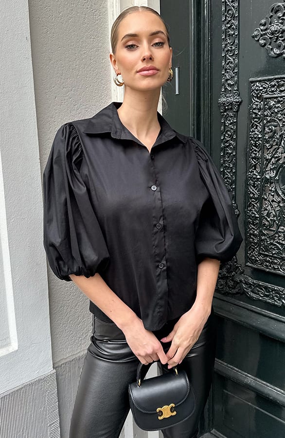 Blouse Met Pofmouwen Katoen Zwart – kleding — foto 2