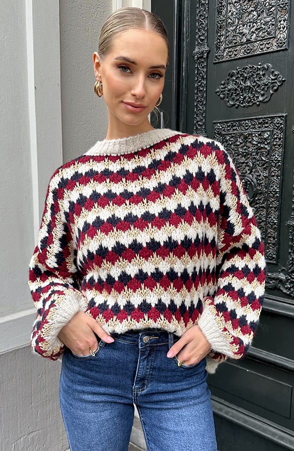 Comfortabele Oversized Knit Burgundy Beige – truien