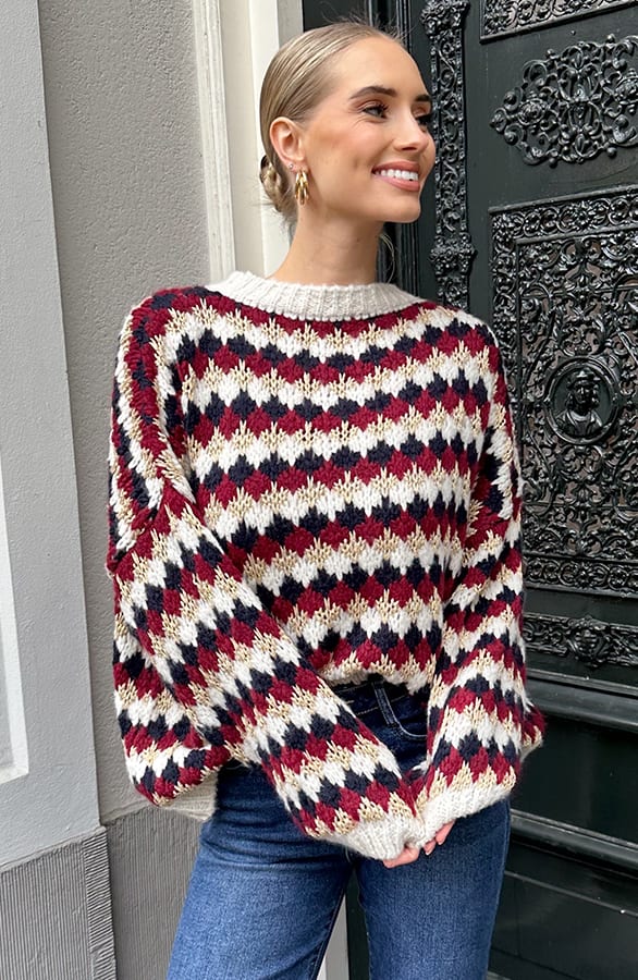 Comfortabele Oversized Knit Burgundy  Beige – truien — foto 3