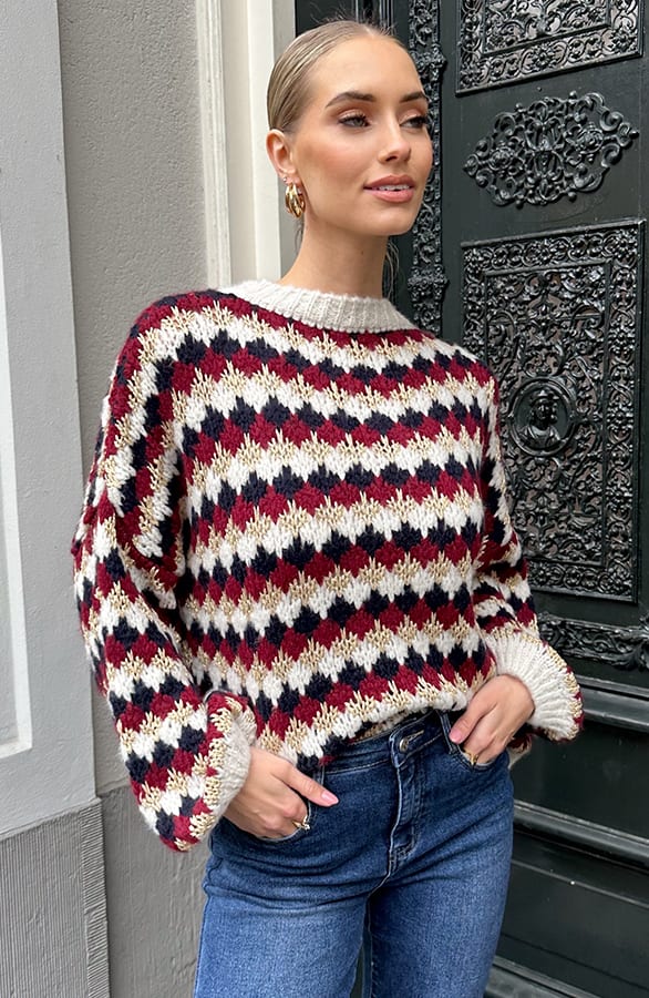 Comfortabele Oversized Knit Burgundy  Beige – truien — foto 7