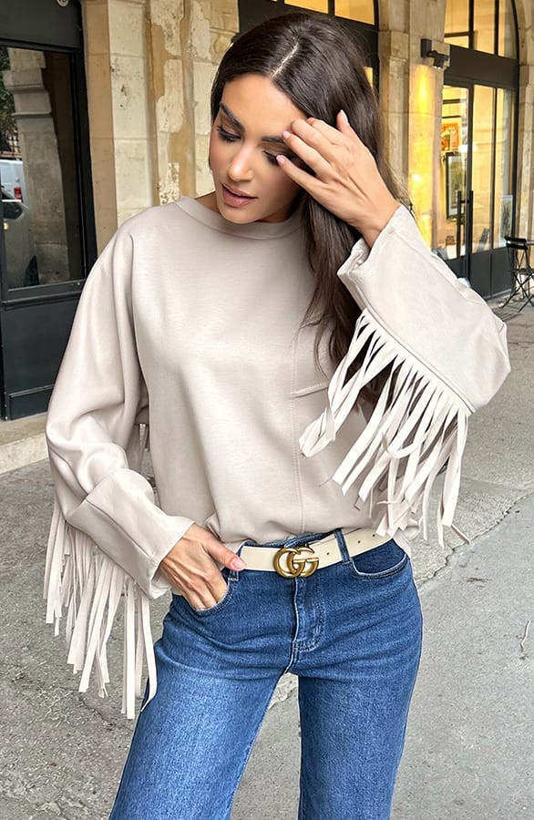 Detailed Fringe Trui Beige – shoparchief