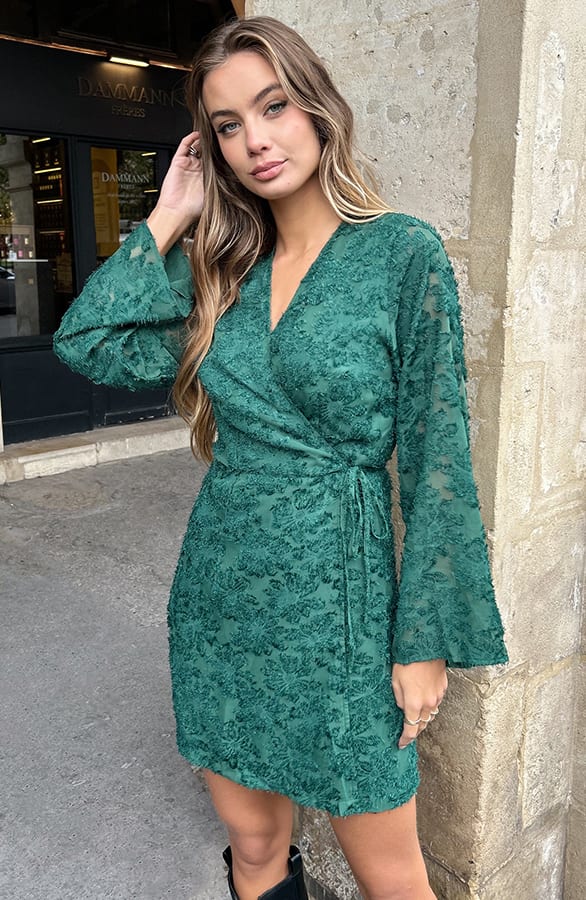 Franje Wikkel Jurk Flared Mouw Emerald – alle jurkjes — foto 6