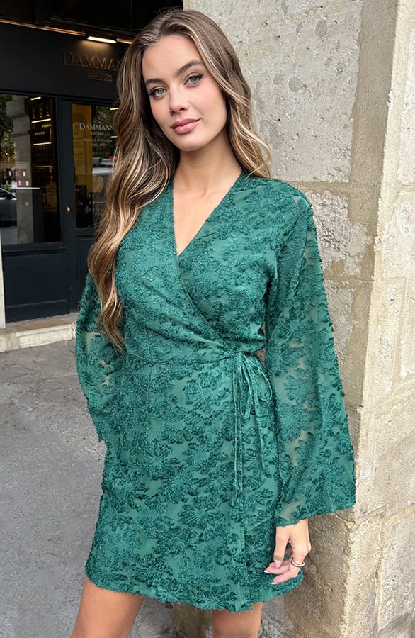 Franje Wikkel Jurk Flared Mouw Emerald