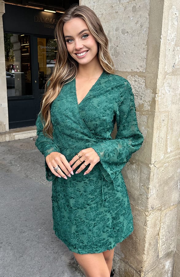 Franje Wikkel Jurk Flared Mouw Emerald – alle jurkjes — foto 7
