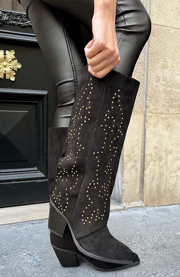 Hoge Suede Laarzen Met Gouden Studs Zwart – schoenen