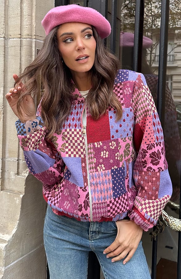 Loose Fit Cotton Patchwork Bomberjacket Paars – shoparchief — foto 6