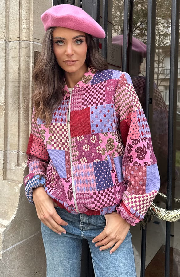 Loose Fit Cotton Patchwork Bomberjacket Paars – shoparchief — foto 3