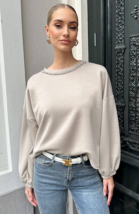 Sparkle Detail Loose Fit Sweater Beige – truien — foto 7