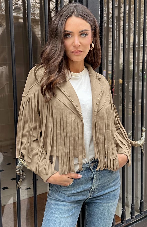 Studded Fringe Jacket Beige – shoparchief