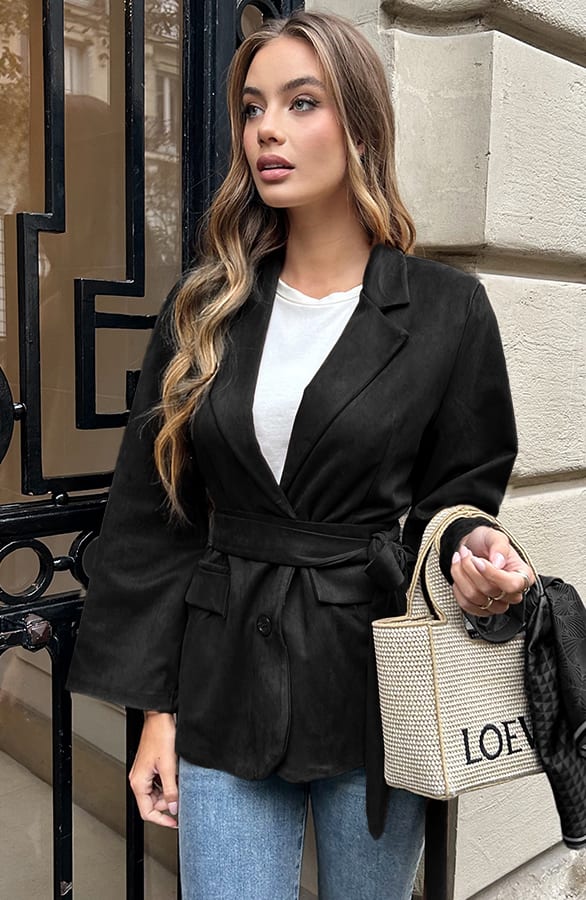 Suede Oversized Blazer Zwart – blazers — foto 7